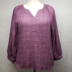 Christopher Banks Purple Check Blouse Size PL Cotton Peasant Sleeve Cottagecore